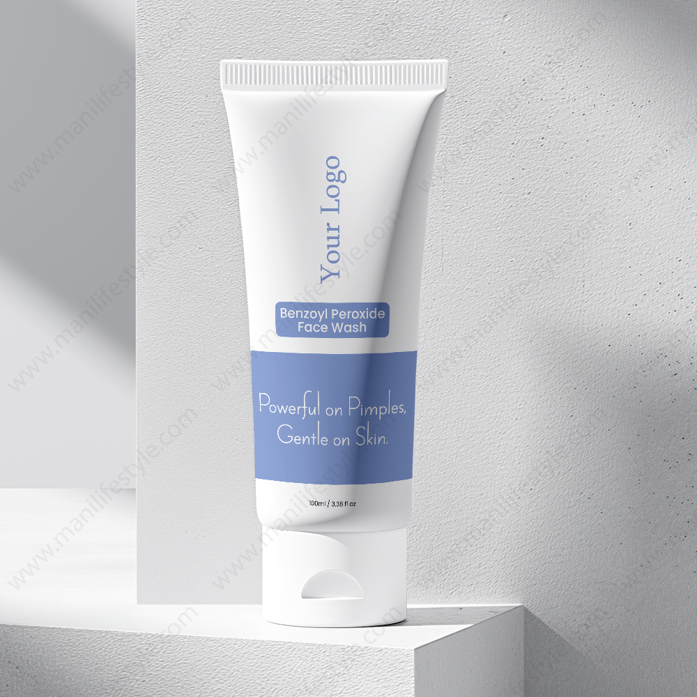 Benzoyl Peroxide face wash product tube with a clean, clinical background