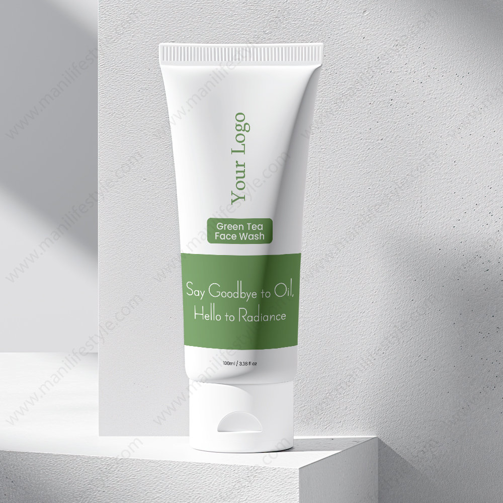 Green Tea face wash product tube with green tea leaves