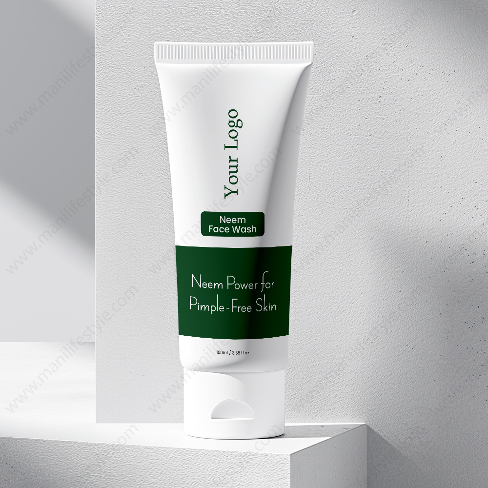 Neem face wash product tube with fresh neem leaves in the background