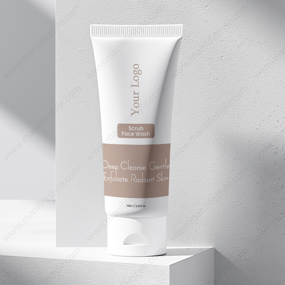 Scrub face wash product tube with an exfoliating texture background