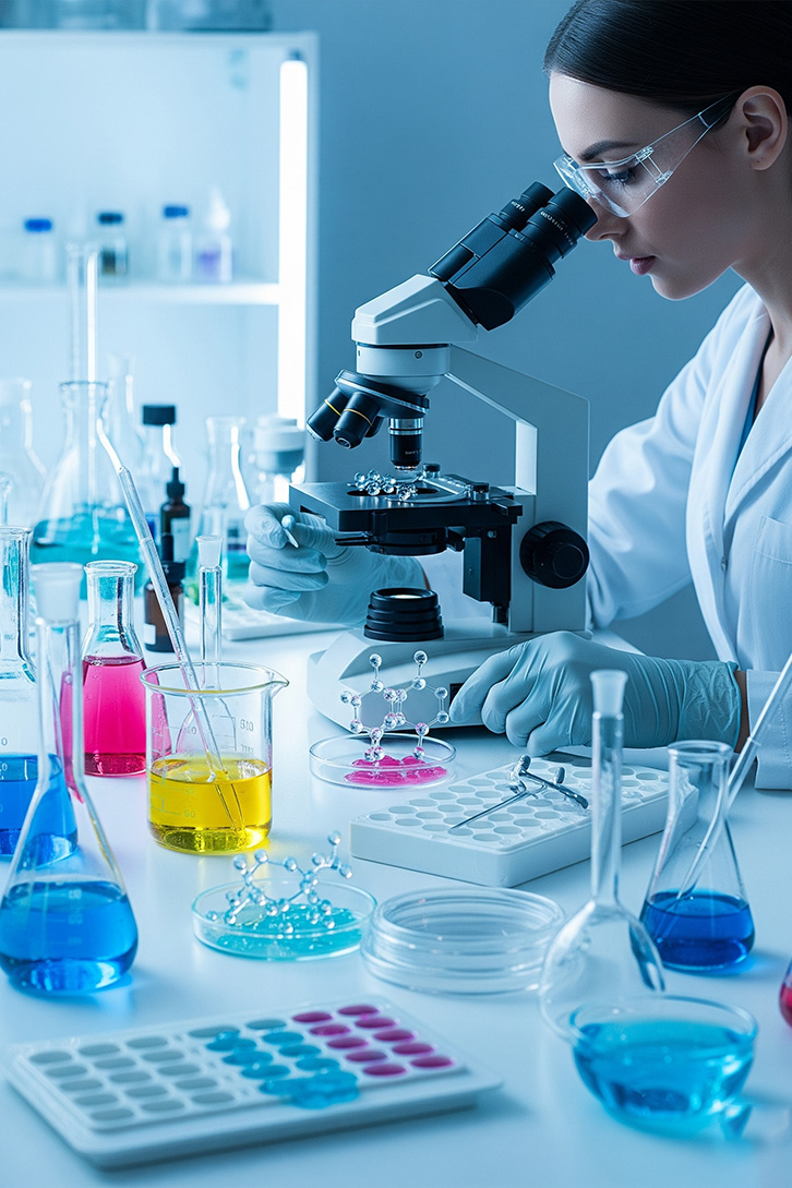 Scientist with microscope for custom formulations