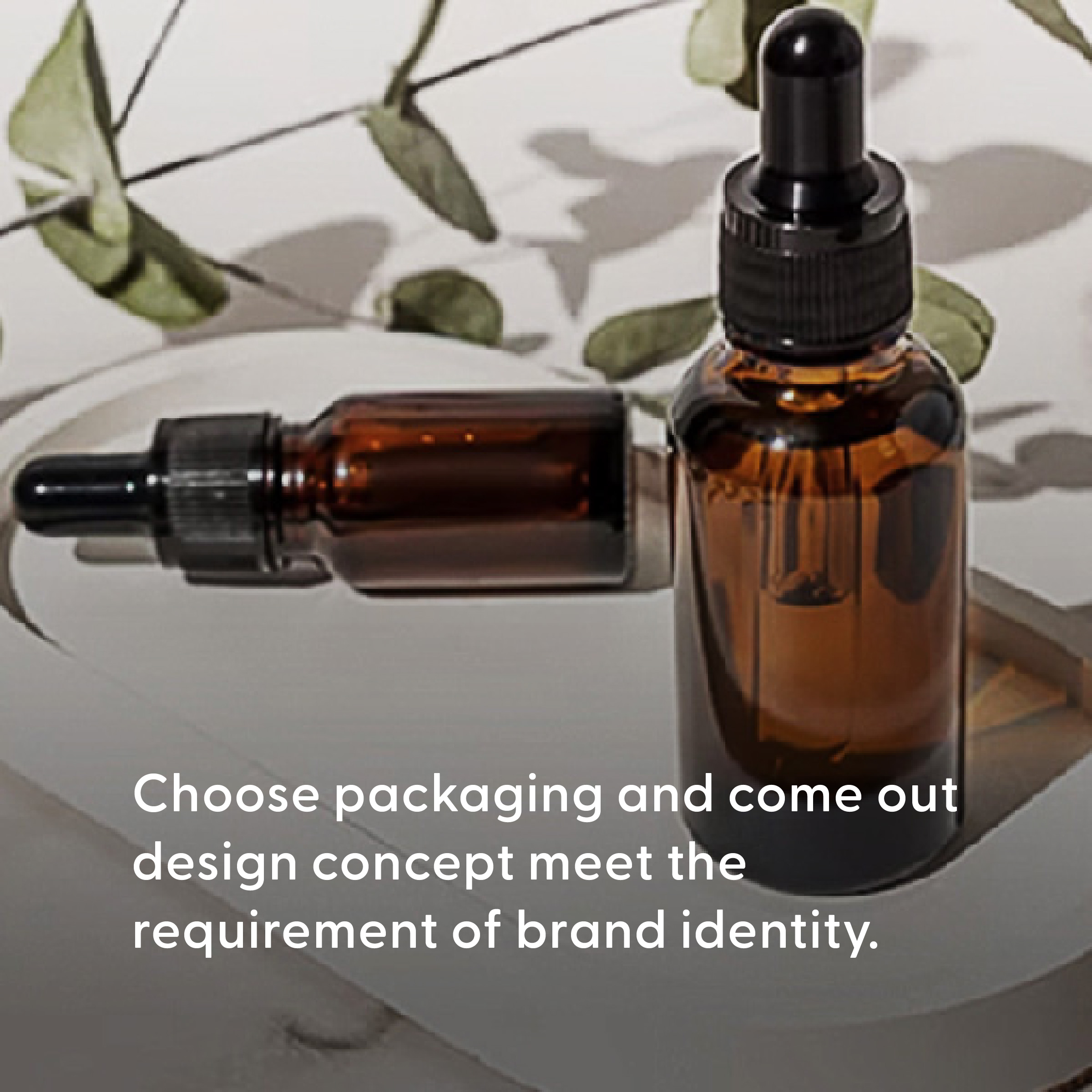 Cosmetic bottle on a plate with leaves